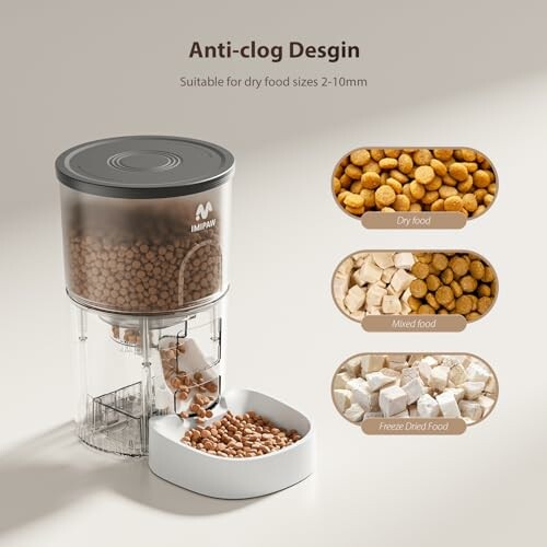 Automatic pet feeder with dry, mixed, and freeze-dried food options.