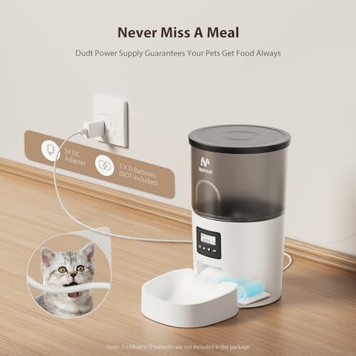 Automatic pet feeder with dual power supply and kitten eating.