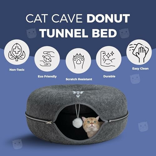 Cat inside a donut-shaped tunnel bed with features: non-toxic, eco-friendly, scratch resistant, durable, easy clean.