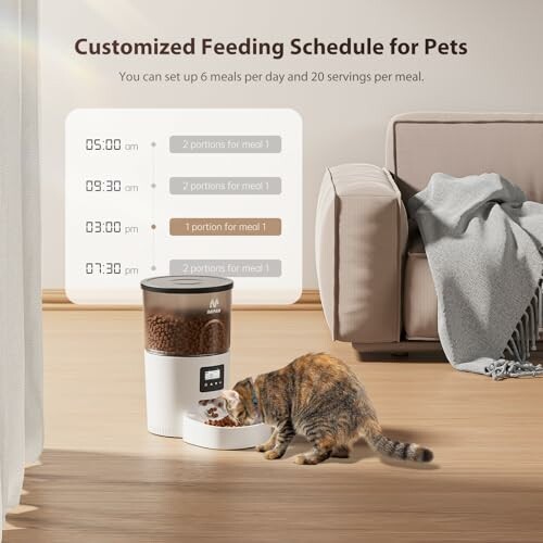 Cat eating from an automatic feeder with a feeding schedule chart in the background.